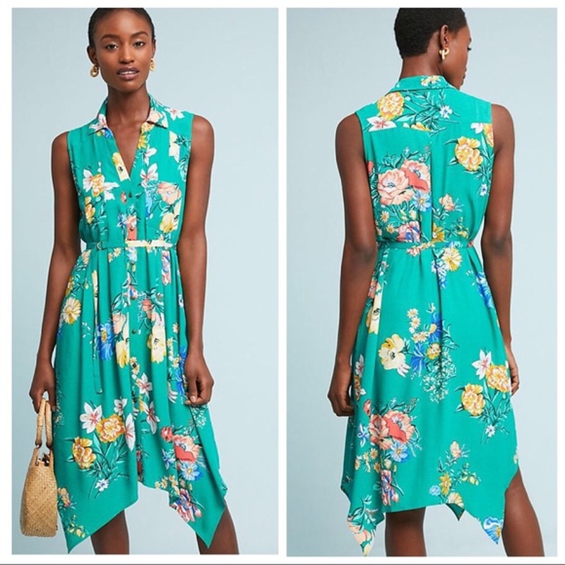 Maeve Anthropologie Rory Shirtdress Shift Floral Green Button Down Dress 4 Small
